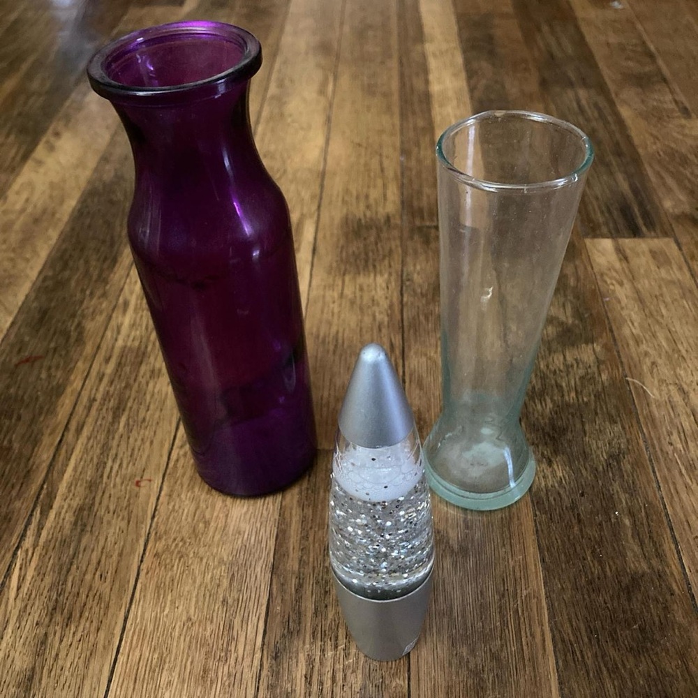 3 Piece Bundle: Purple Glass Vase, Clear Accent Vase and Glitter Lava Lamp